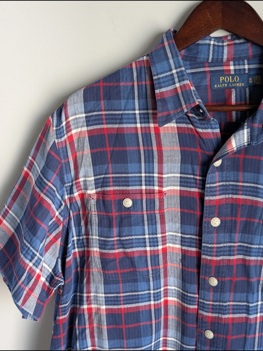 Polo Ralph Lauren Shirt Men XL Short Sleeve Plaid Flannel Button Up Blue Red